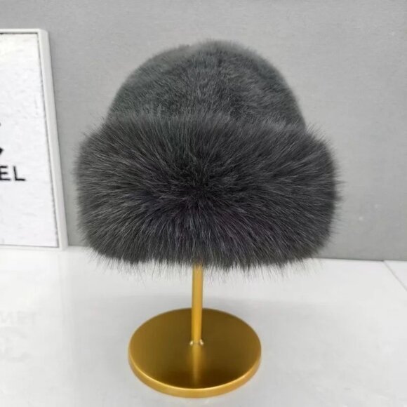 2/$30 Faux Fur Dark Gray OS Mongolian Hat Brimless Plush Fluffy Skiing Riding Wa - Picture 2 of 8
